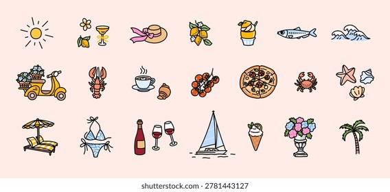 Set icons inspired by the summer Mediterranean coast of Italy. Amalfi aesthetic elements such as nautical themes, food, decorative accents, vacation symbols. Doodle perfect for food, travel, wellness, lifestyle design projects