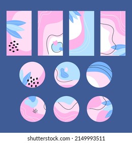 Set of icons for instagram in abstract flat style with twigs, lines and dots. Stylish trendy covers in pink shades for instagram