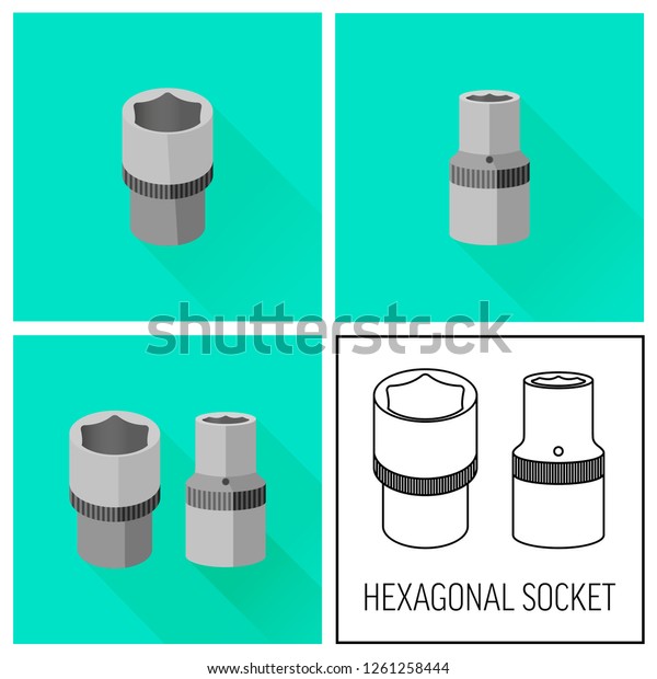 Set of\
icons of the instrument. Hexagonal socket isolated on white\
background. Vector illustration, flat\
picture.