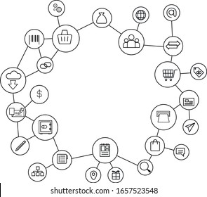 Set of icons interconnected. Form a global network. Everything is interconnected. The set contains: trade, business, finance, network (Internet), education, location