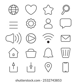 Set of icons for interface. Web icons, email, gear, user, volume, download, upload, video, trash bin, web, magnificent glass, internet, wifi, heart, favorite.