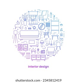 Set icons, interior design concept. Icons arranged in the shape of a circle. Banner. Template. Gradient. Vector line illustration on white background