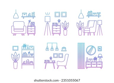 Set icons, interior design concept. Living room interior. Gradient. Vector line illustration on white background