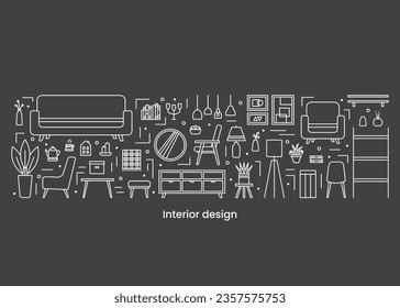 Establecer iconos, concepto de diseño interior. Cartel. Plantilla. Ilustración de línea de vector en fondo oscuro