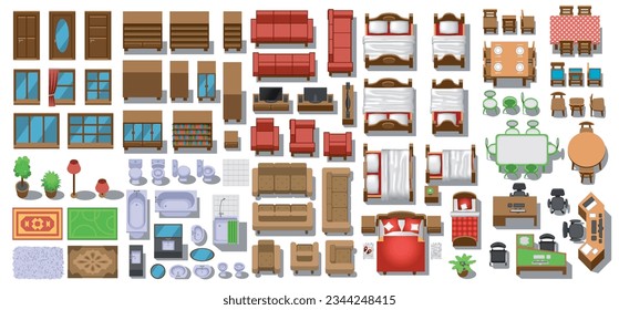 Set of icons for interior design. View of the furniture from above. Elements for the floor plan. Top view. Furniture and elements for living room, bedroom, kitchen, bathroom, office.