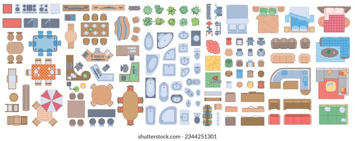 Set of icons for interior design. View of the furniture from above. Elements for the floor plan. Top view. Furniture and elements for living room, bedroom, kitchen, bathroom, office, balcony, garden.