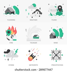 Set of icons into flat style. Emergency, weather and natural disasters.