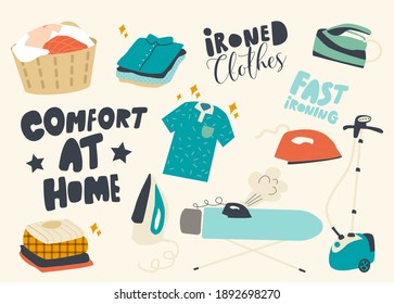 Set of Icons Ironing Clothes Theme. Basket with Clean Linen, Pure Clothing, Steamer and Iron with Ironed Apparel. Home Duties and Domestic Chores, Hygiene, Housework. Linear Vector Illustration