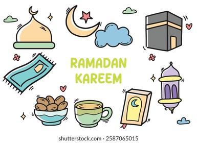 Set of icons with Islamic Ramadan theme. With doodle style. For layout, website, graphic design