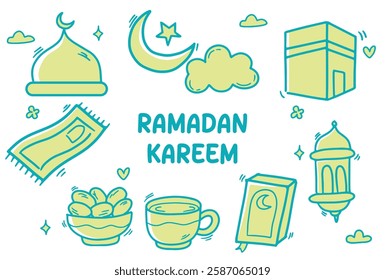 Set of icons with Islamic Ramadan theme. With doodle style. For layout, website, graphic design