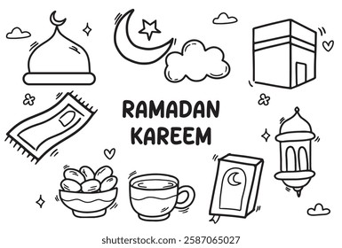 Set of icons with Islamic Ramadan theme. With doodle style. For layout, website, graphic design