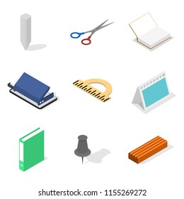 Set of icons isolated on white background, office and school. Flat 3d isometric style, vector illustration.