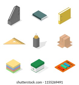 Set of icons isolated on white background, office and school. Flat 3d isometric style, vector illustration.