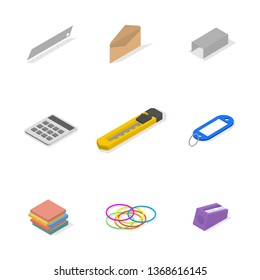 Set of icons isolated on white background, office and school. Flat 3d isometric style, vector illustration.