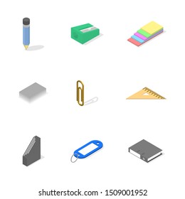 Set of icons isolated on white background, office and school. Flat 3d isometric style, vector illustration.