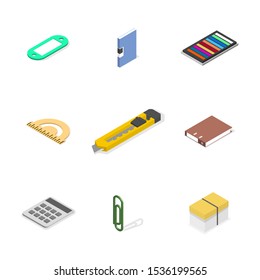 Set of icons isolated on white background, office and school. Flat 3d isometric style, vector illustration.