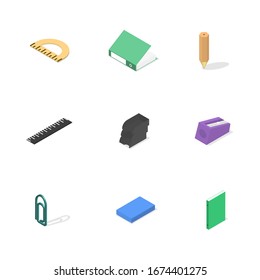 Set of icons isolated on white background, office and school. Flat 3d isometric style, vector illustration.