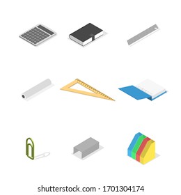 Set of icons isolated on white background, office and school. Flat 3d isometric style, vector illustration.