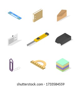 Set of icons isolated on white background, office and school. Flat 3d isometric style, vector illustration.