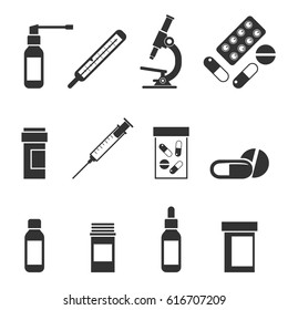 Set of icons isolated on white background, pills, medication, thermometer, throat spray, nasal spray. First Aid Kit with tablets.