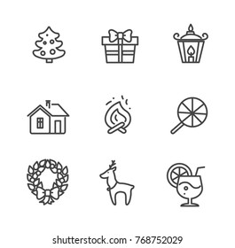Set of icons isolated on white background. Vector illustration with burning fire, glowing lamp and present decorated with ribbon bow drawn in black