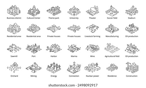 Conjunto de iconos con los distritos isométricos de la ciudad. Vector de trazo de contorno editable.