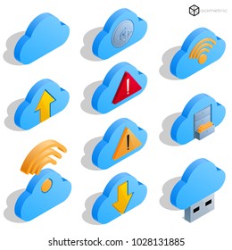 Set of icons in an isometric cloud, cloud icon, Internet icon, download icon, save file icon, various cloud icons