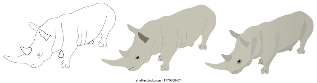 Set of icons in isometric. Rhinoceros in three styles.