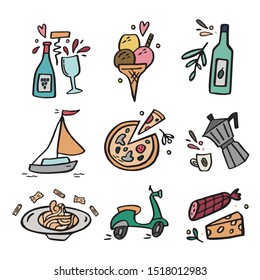 Set of icons with Italian symbols. Wine, ice cream, olive oil, pizza, espresso, pasta, cheese, scooter, boat. Hand drawn vector illustration