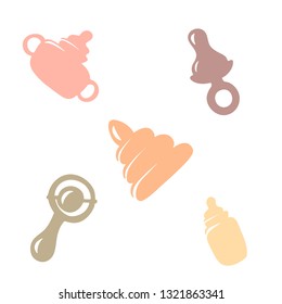 Set icons items for the baby. Vector illustration. A bottle of milk, a pacifier, a rattle and a toy.