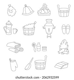 set of icons items for a bath, spa procedures a wooden bucket, an oak broom, a fire with wood, a hat, a kettle, a cup, a samovar, a bottle of shampoo, a brush, stones with steam, a towel, a mitten