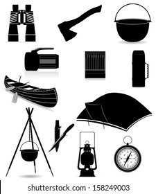 set icons items for outdoor recreation black silhouette vector illustration isolated on white background