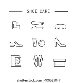 Set Icons Items For Shoe Care. Elements For This Service Shoe Shine. Outline Icon For Shoe Care