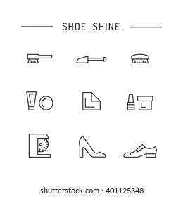 Set Icons Items For Shoe Care. Elements For This Service Shoe Shine. Outline Icon For Shoe Care. Outline Icon