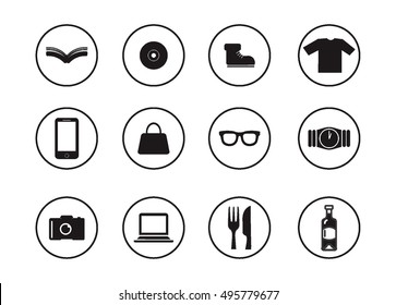 set of icons of items that can be bought or selled online. each in flat black with black circle frame