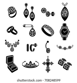 Set icons jewelry in vector. Black flat icons isolated on white background