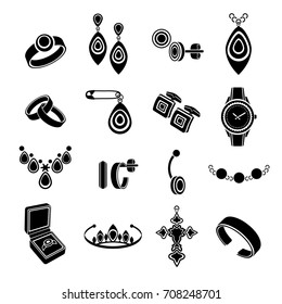 Set icons jewelry in vector. Black flat icons isolated on white background