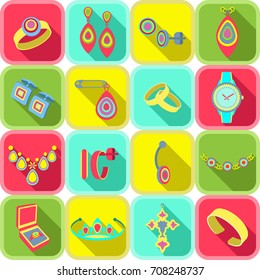 Set icons jewelry in vector. Cartoon multicolored bright icons in colorful square frames with beveled shadow