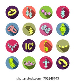 Set icons jewelry in vector. Colorful flat icons in a multicolored round frame with a beveled shadow