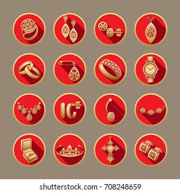 Set icons jewelry in vector. Gold flat icons in a red round frame with a beveled shadow