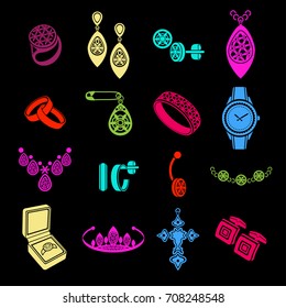 Set icons jewelry in vector. Multicolored bright flat icons isolated on black background