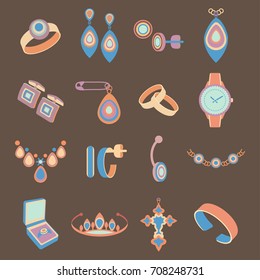 Set icons jewelry in vector. Multicolored cartoon flat icons isolated on brown background