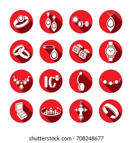 Set icons jewelry in vector. White flat icons in a red round frame with a beveled shadow