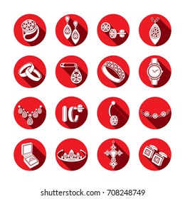 Set icons jewelry in vector. White flat icons in a red round frame with a beveled shadow