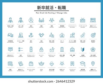 Set of icons for job search, graduate recruitment, and career change.
These illustrations are related to job sites, interviews, information sessions, personnel, training, business, etc.