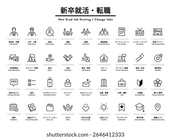 Set of icons for job search, graduate recruitment, and career change.
These illustrations are related to job sites, interviews, information sessions, personnel, training, business, etc.