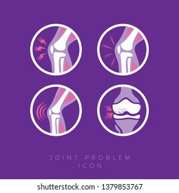 Set of icons of the joints and their treatment Cartilage damage, arthritis, osteoarthritis, restoration of cartilage pain relief icons. Flat icons in a round frames.