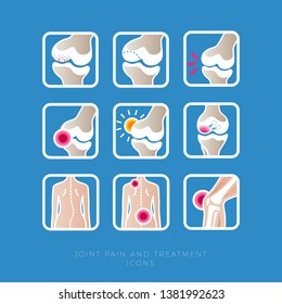 Set Of Icons. Joints And Their Treatment. Cartilage Damage, Arthritis, Osteoarthritis, Scoliosis, Back Pain, Knee Pain, Cartilage Repair, Healed Joint, Surgery. Flat Icons In Rounded Frames.