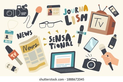 Set of Icons Journalistics Profession Theme. Microphone, Photo or Video Camera, Laptop and Newspaper, Tv Set, Eyeglasses, and Badge for Press Confrenece. Journalist Tools. Linear Vector Illustration