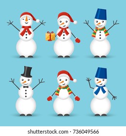 Set of icons of joyful snowmen in a Santa Claus hat and scarf, in a hat and with a butterfly. New Year's and Christmas. Design for a banner, postcard, poster. Vector illustration.